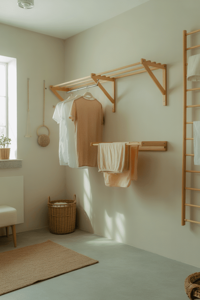 Practical and space-saving drying racks mounted on the wall for small laundry areas.