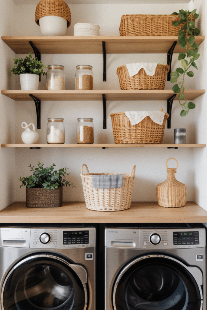 Stylish open shelving keeps laundry supplies organized and decoratively displayed.