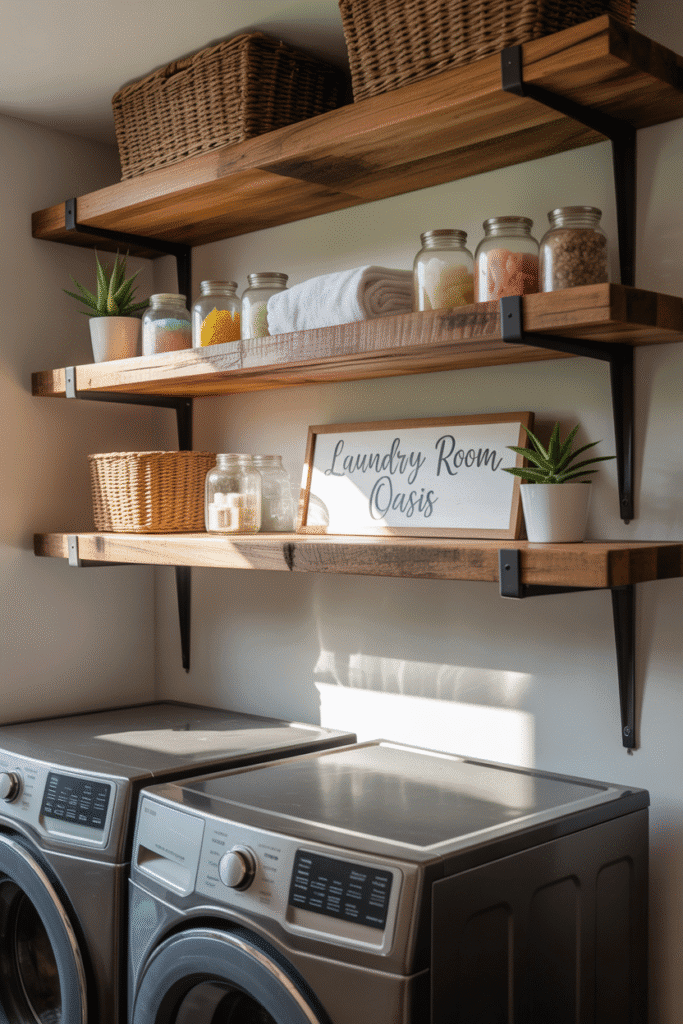 Stylish open shelving keeps laundry supplies organized and decoratively displayed.