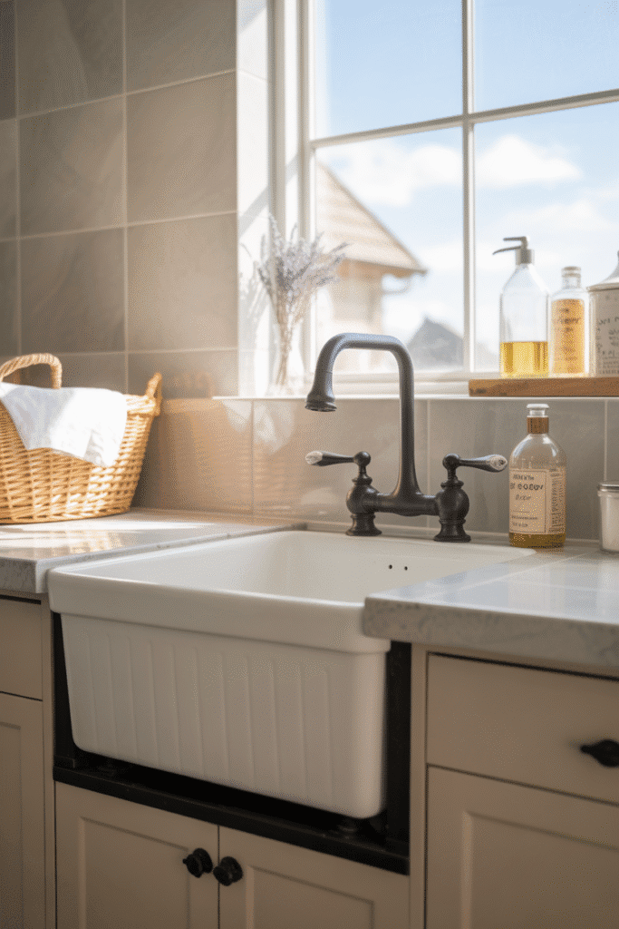 Deep sink adds convenience and elegance to a well-designed laundry setup.