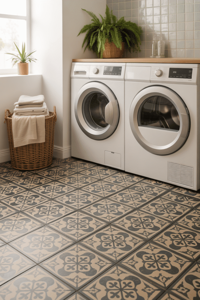 Bold tile floor adds personality and visual interest to a compact laundry room.
