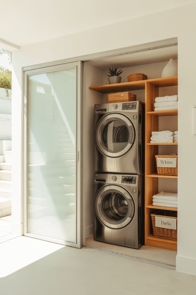 A compact hidden laundry space tucked into a hallway with efficient built-in storage.