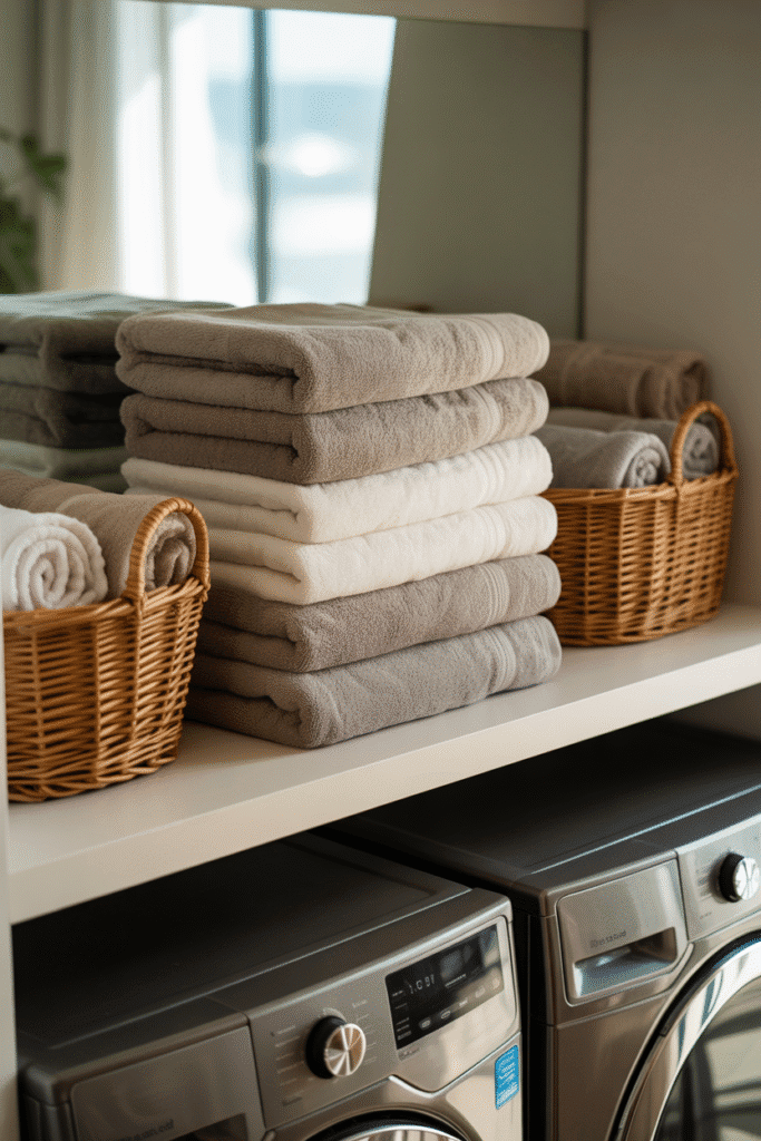 A designated folding area adds functionality and ease to daily laundry routines.