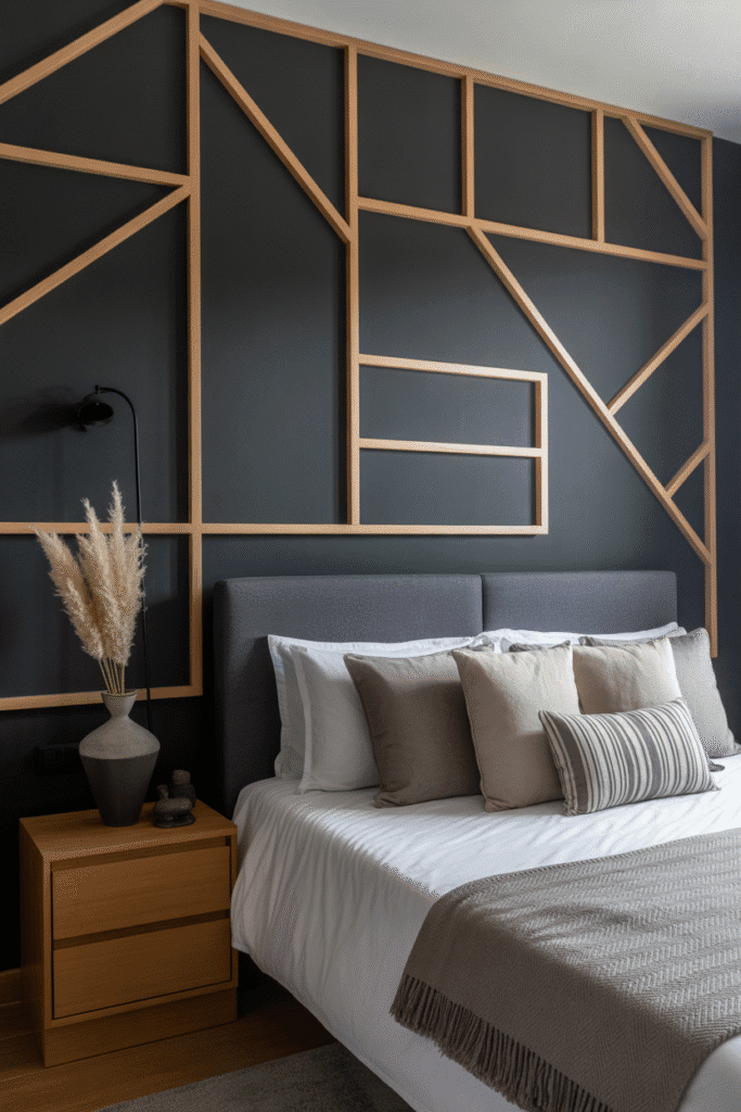 Geometric wood trim creates a striking and artistic feature wall.

