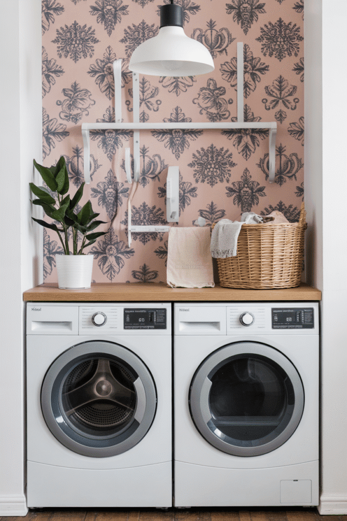 Fun, easy-to-change wallpaper adds style and personality to laundry room walls.