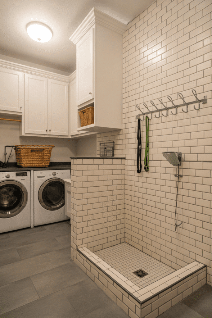 Built-in dog wash station adds convenience for pet owners in a shared laundry area.