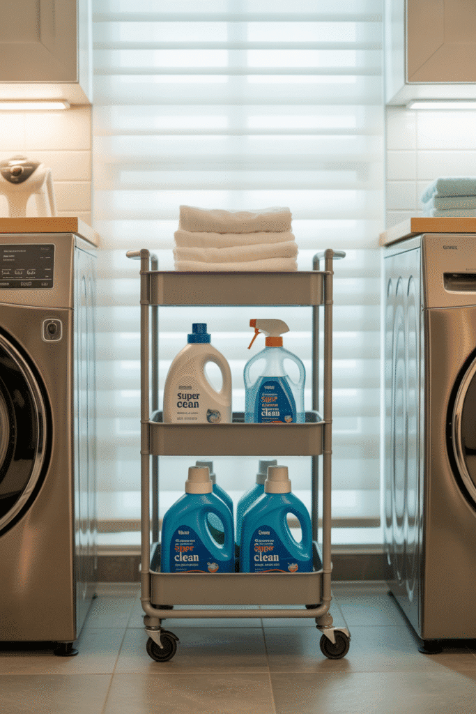 Compact rolling cart keeps laundry essentials accessible and neatly stored.