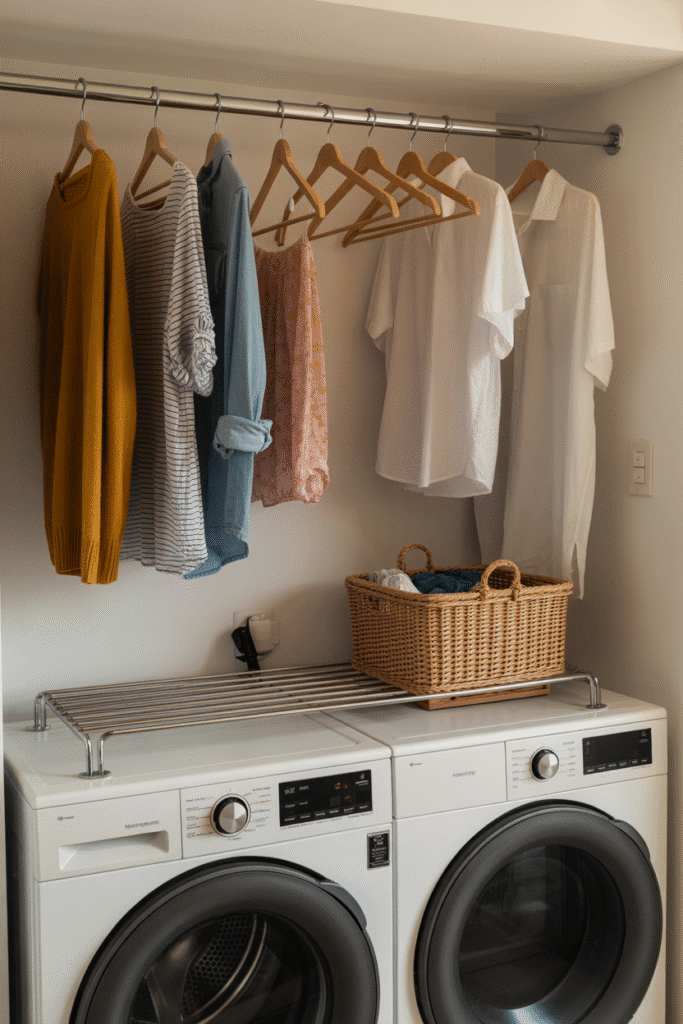 Simple hanging rail for air-drying clothes adds boutique charm to the laundry room.