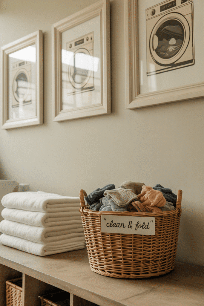 Framed art making the laundry room feel fun and personalized.