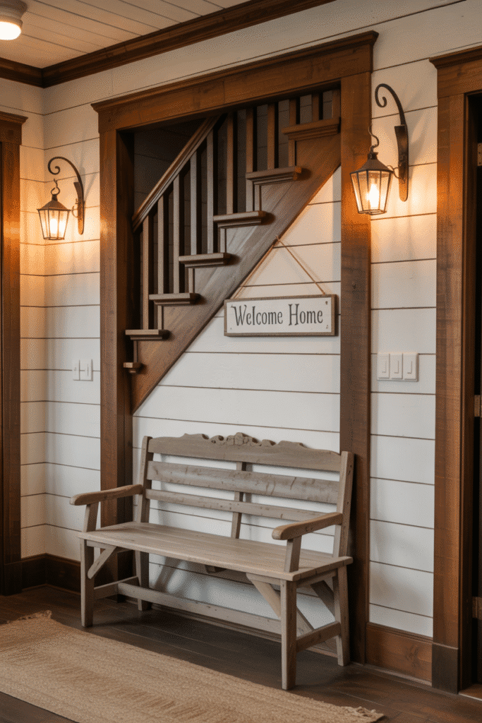 Framed shiplap adds a rustic, finished look to a farmhouse-style entryway.

