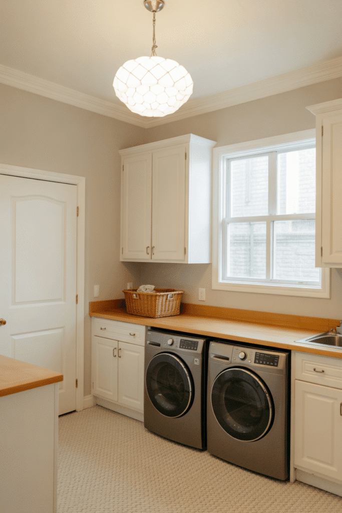 Elegant lighting fixture transforms a basic laundry room into a stylish space.