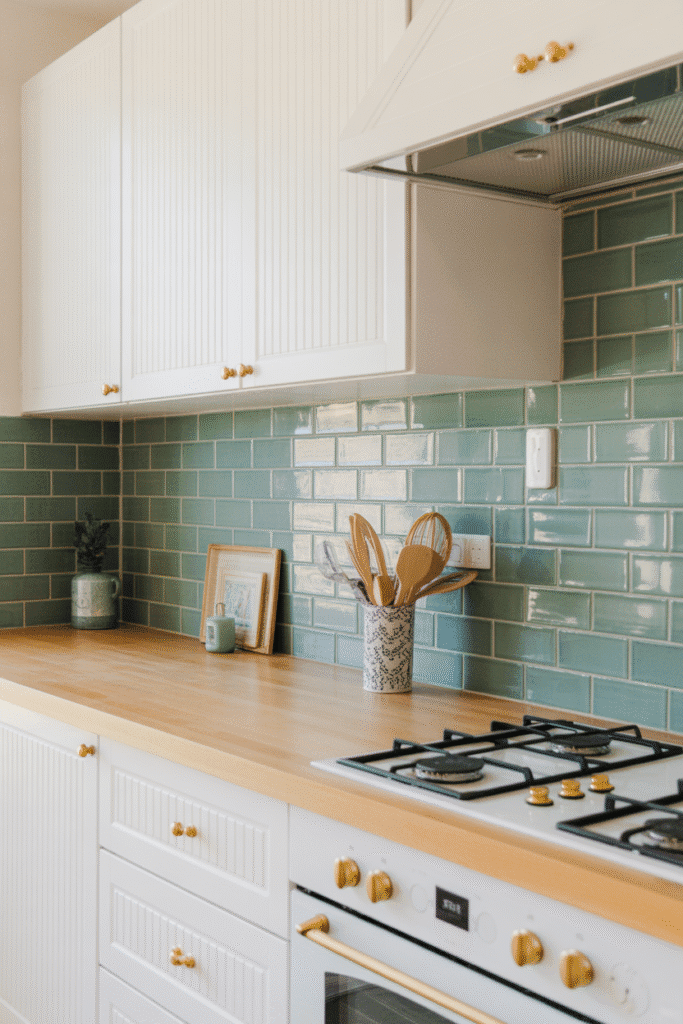 A clean white kitchen accented with a vibrant sea-glass green backsplash for a fresh pop of color.