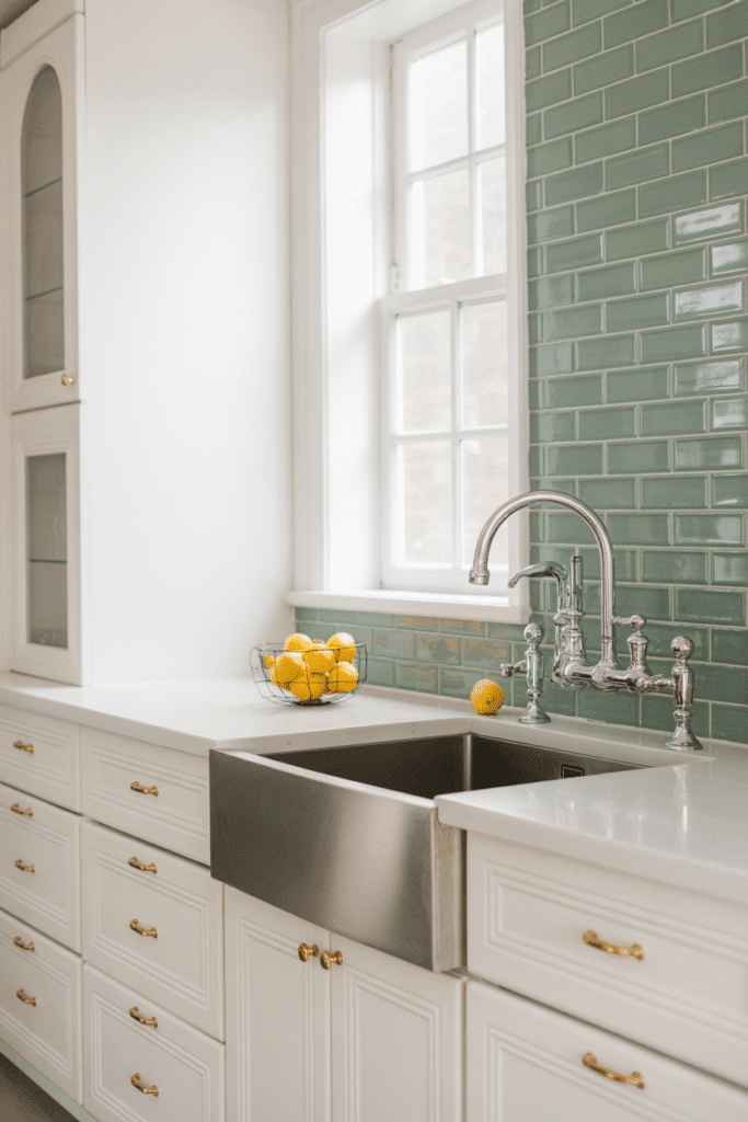 As a part of all white kitchen decor this picture shows a clean white kitchen accented with a vibrant sea-glass green backsplash for a fresh pop of color.