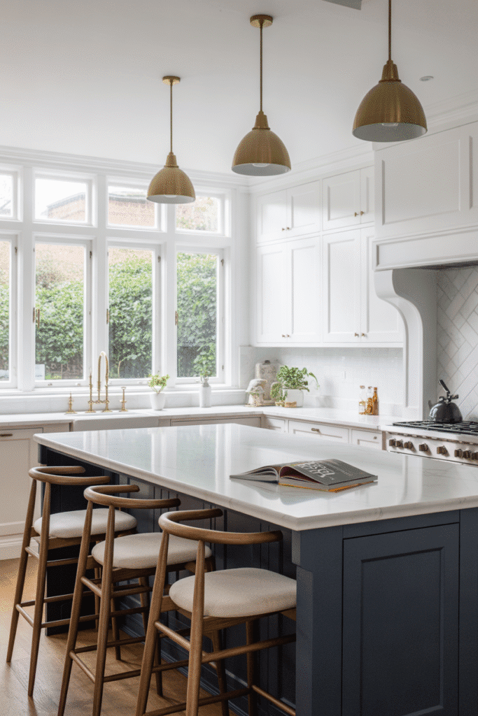 A bold navy kitchen island brings rich contrast to a modern white kitchen.