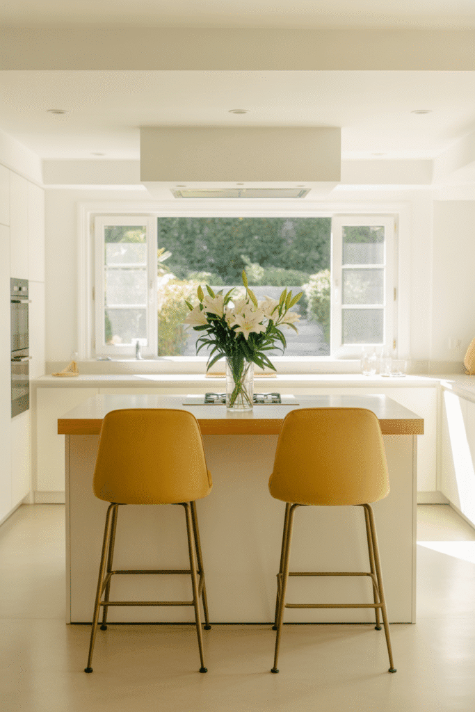 Bright yellow stools add cheerful character to a neutral all-white kitchen space.