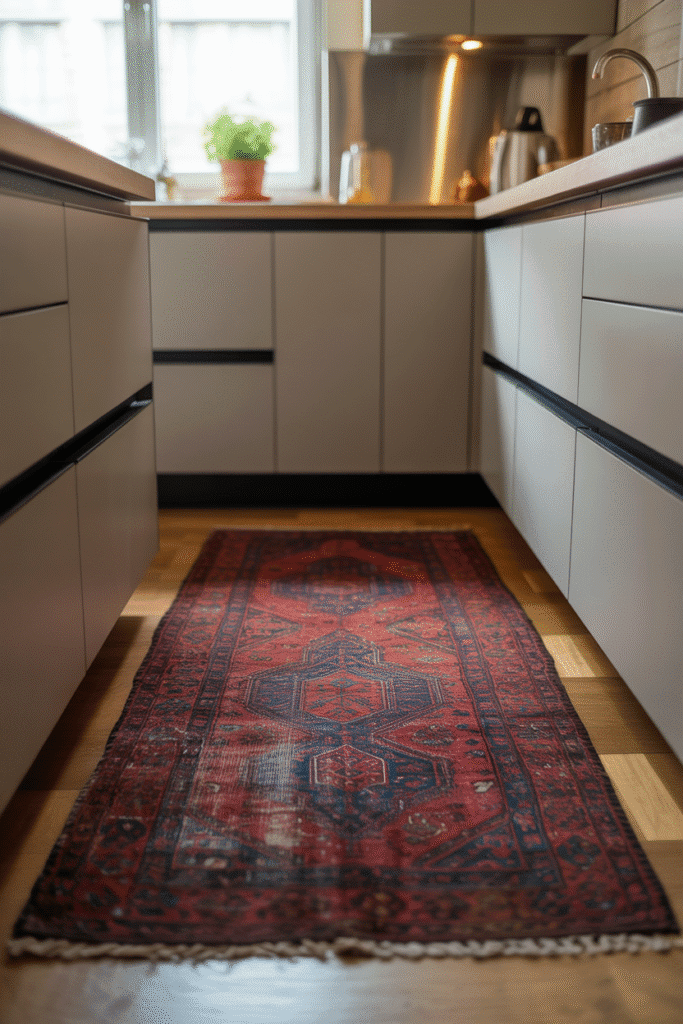 A patterned rug adds warmth and personality to a white kitchen floor.