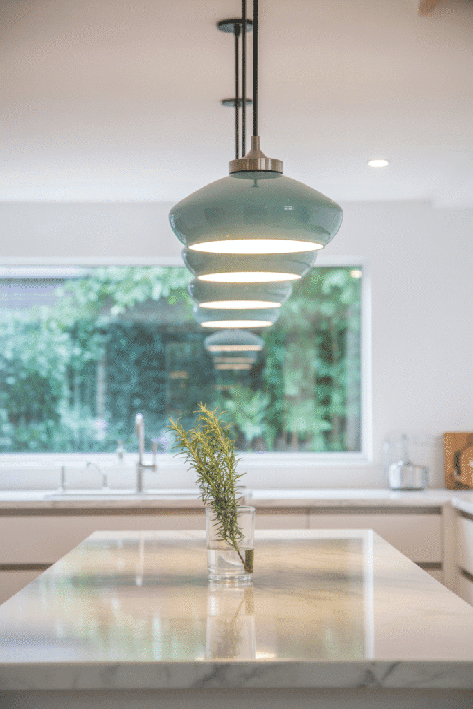 Pastel pendant lighting adds soft, playful color to an otherwise all-white kitchen.
