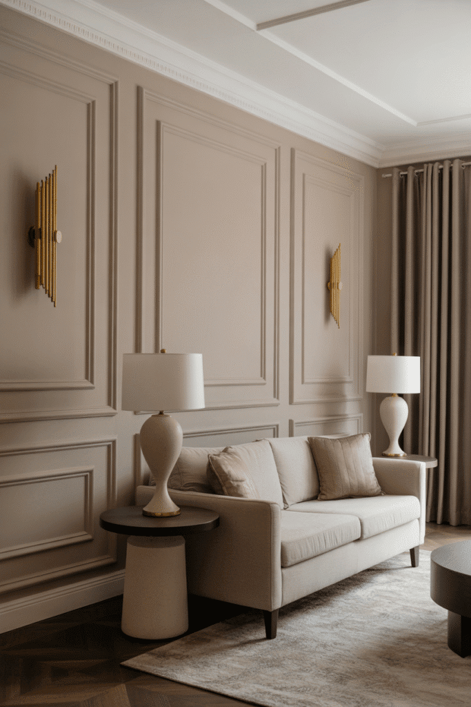 Tall framed wall molding adds elegant architecture to a classic living room.

