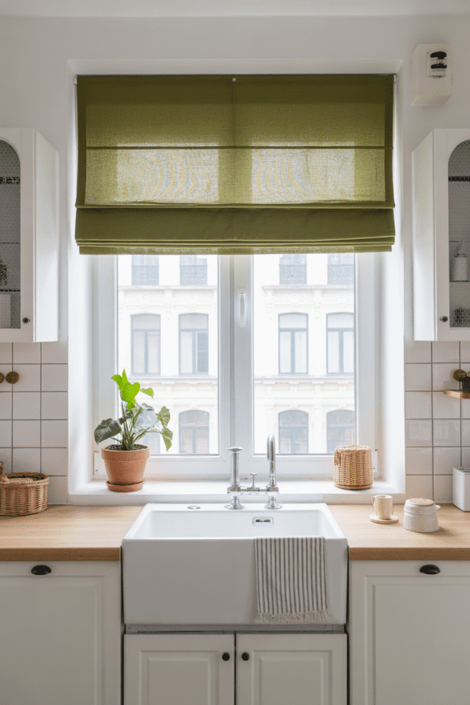 A green window shade adds subtle contrast and warmth to a bright kitchen.