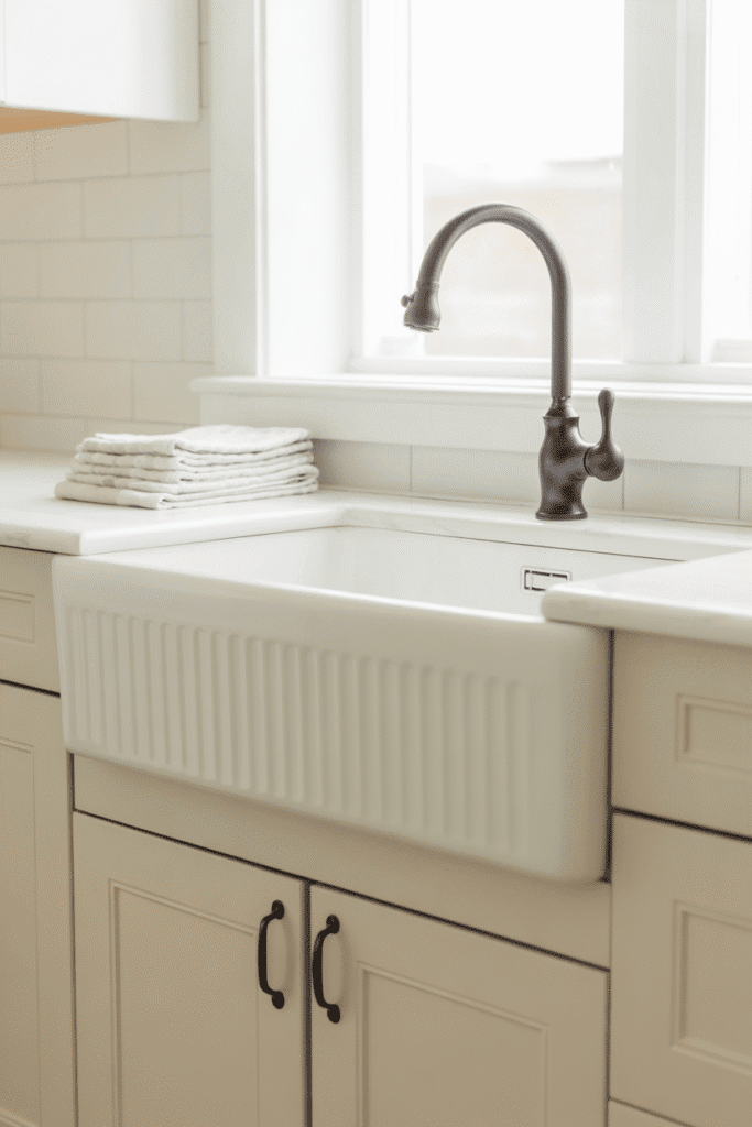 A sleek matte black faucet stands out against crisp white kitchen cabinetry.