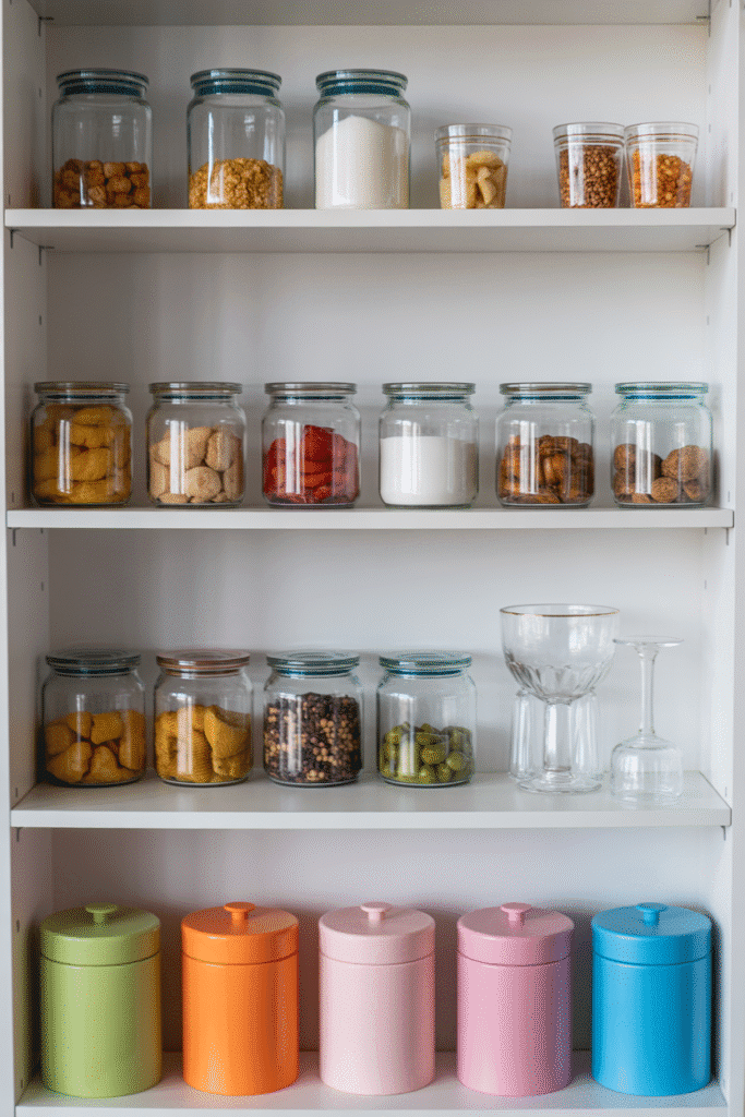 Colorful containers bring style and function to a bright kitchen setup.