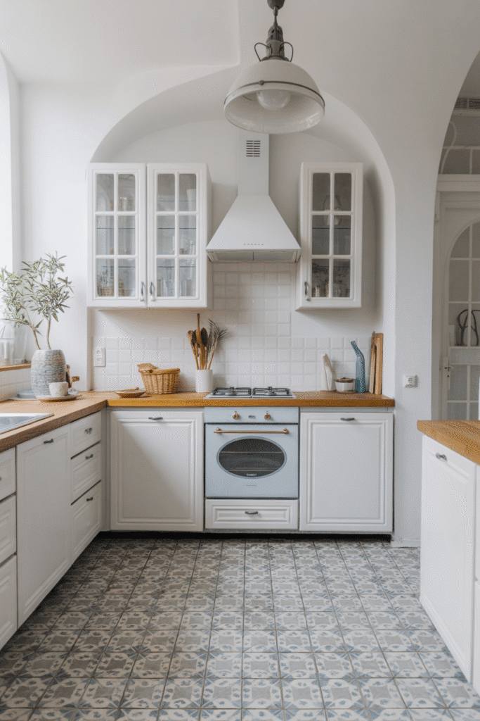 Patterned tile floors add subtle detail and texture to an all-white kitchen.
