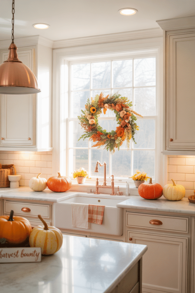 Seasonal touches like fall decor bring rotating color to a classic white kitchen.