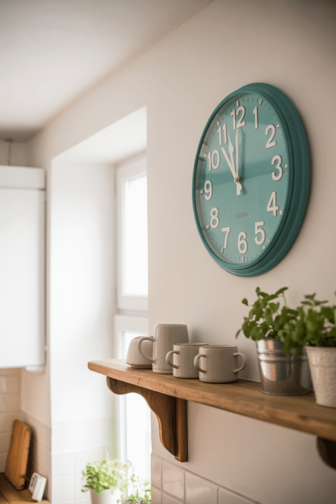 A bold wall clock adds personality and vibrant detail to white kitchen walls.
