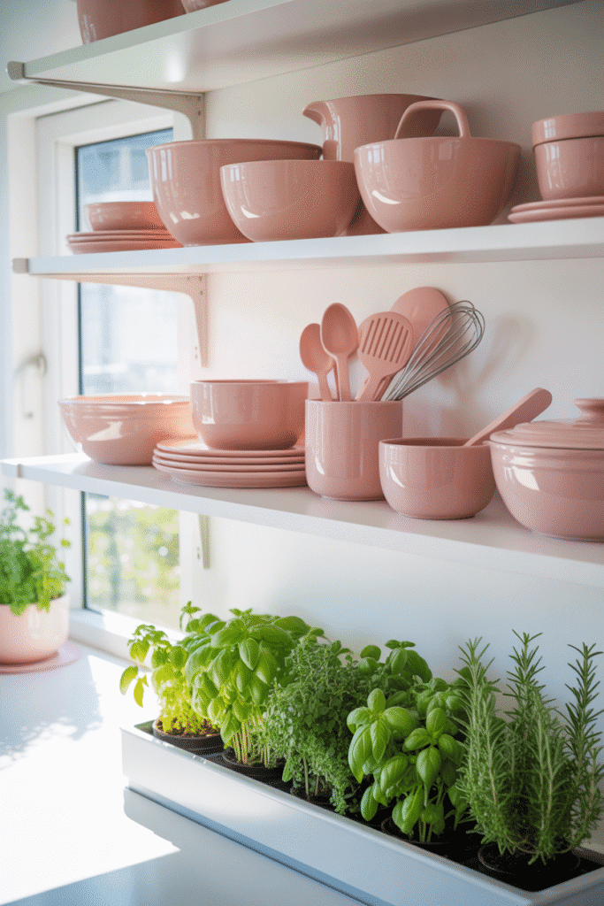 Bright cookbooks and cookware bring functional color to a clean white kitchen aesthetic.