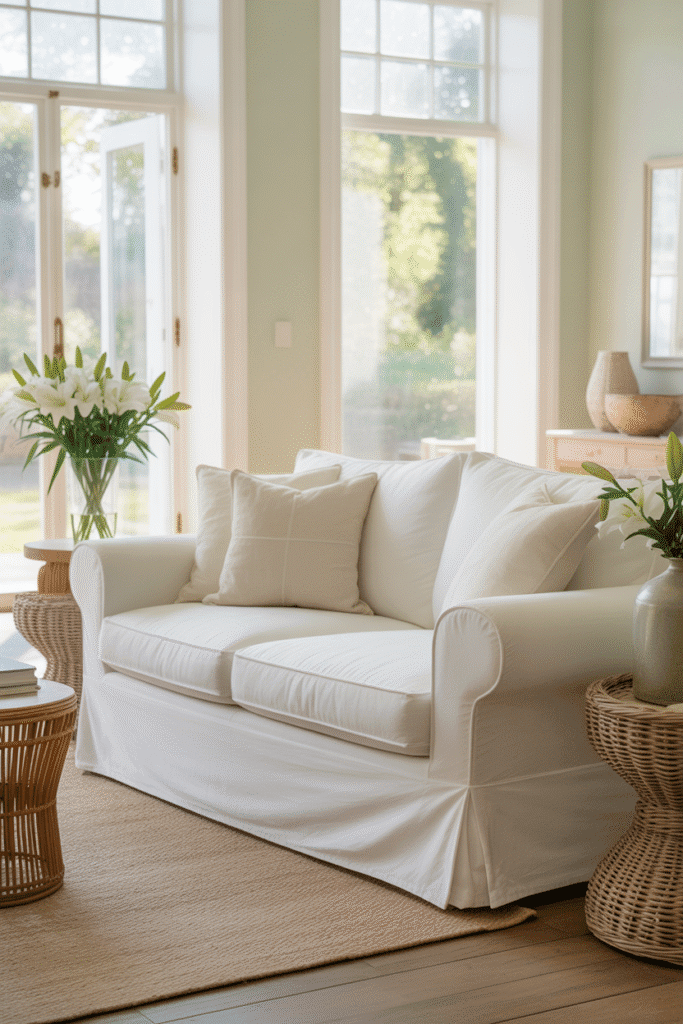 As a part of coastal room ideas inspiration this picture shows a bright coastal living room with sea-glass walls and natural textures.