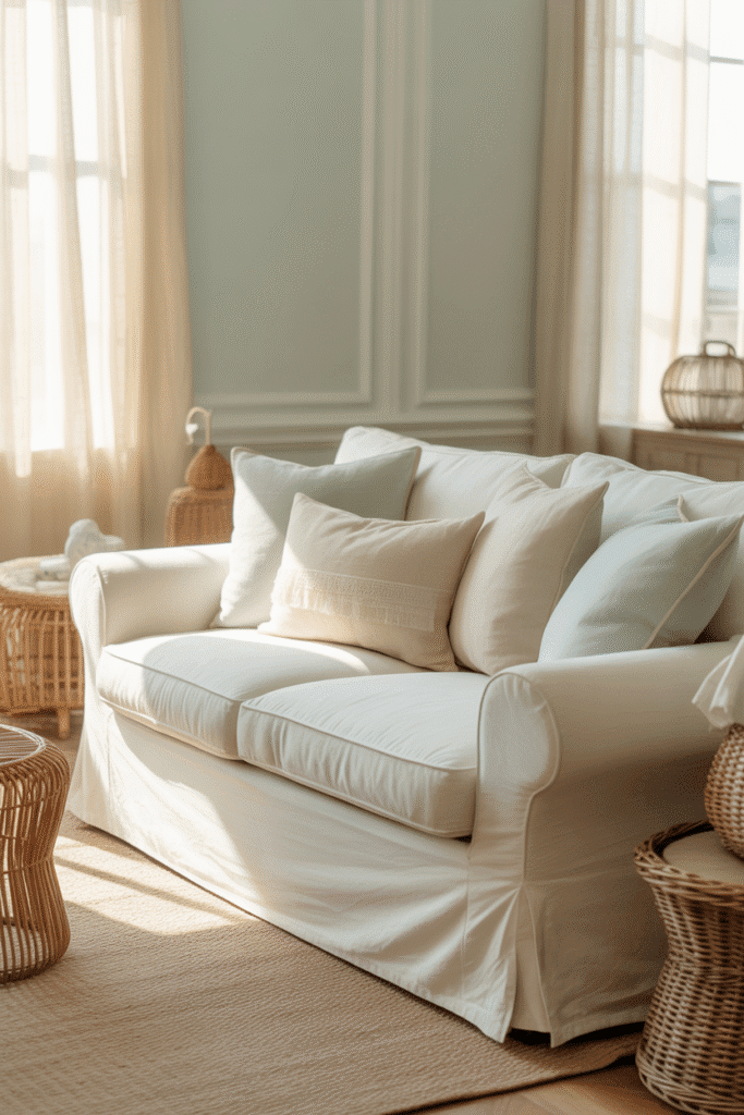 Bright coastal living room with sea-glass walls and natural textures.
Bright coastal living room with sea-glass walls and natural textures.