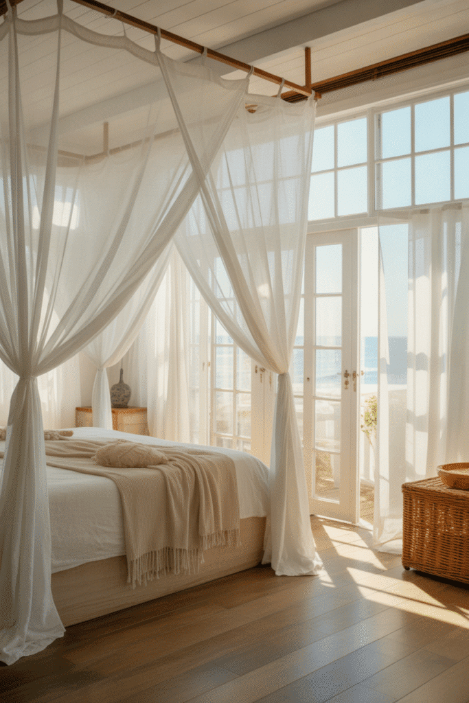 Coastal bedroom with sheer white curtains and sunlit space.