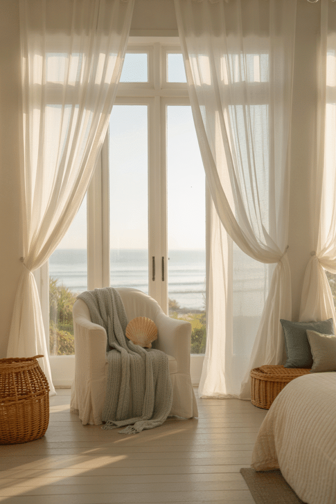 Coastal bedroom with sheer white curtains and sunlit space.