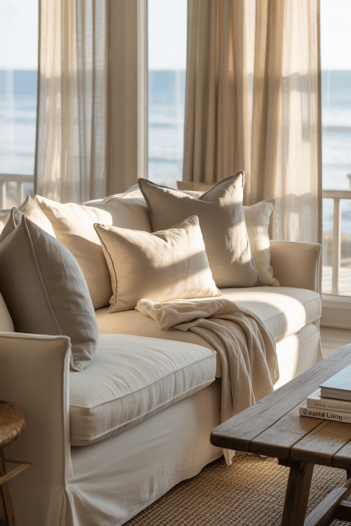 Coastal sofa with layered linen cushions and cotton throws.