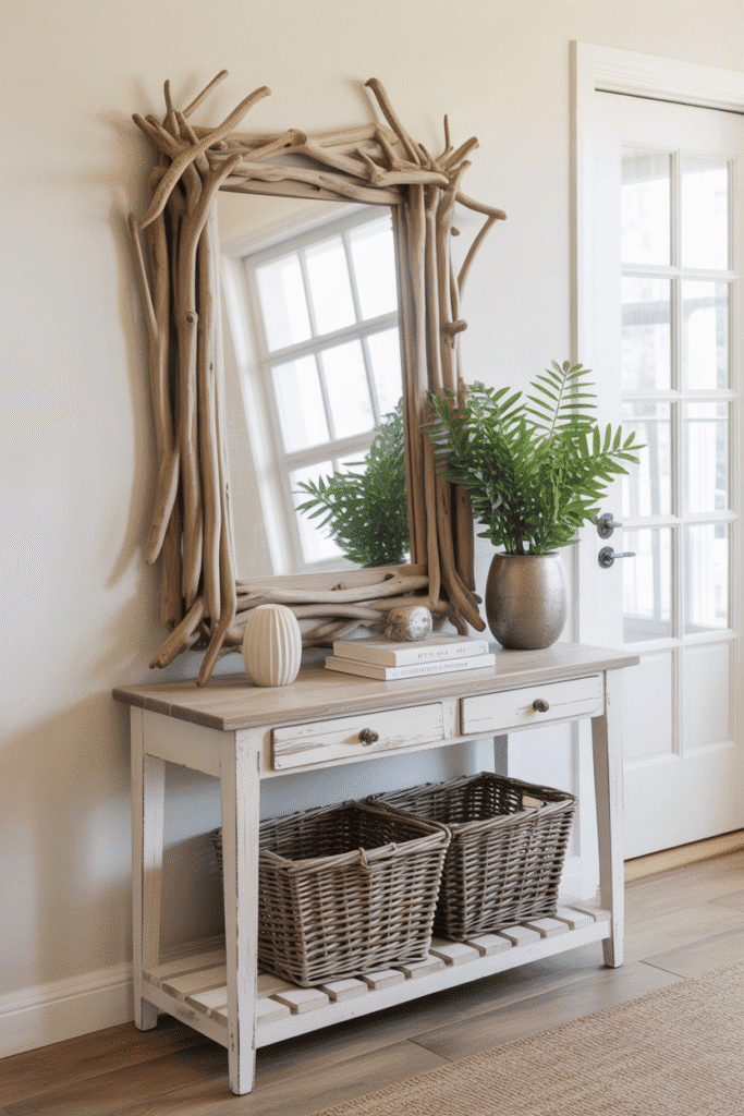 Whitewashed coastal console with driftwood mirror.