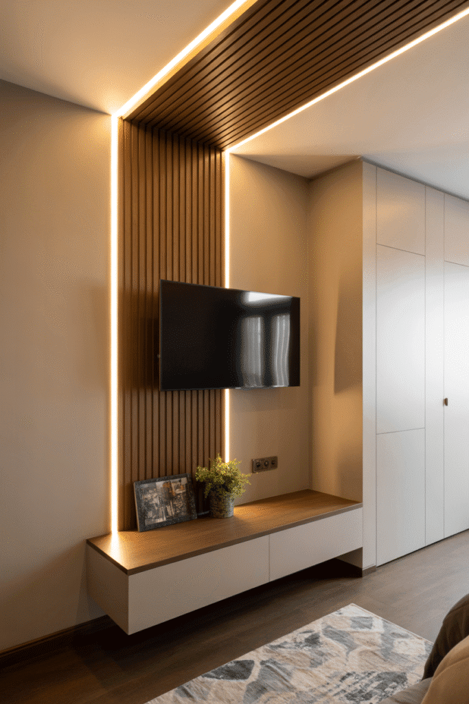 Wood trim extended to ceiling creates a custom, architectural focal point.

