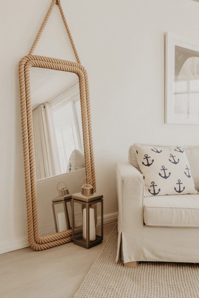 Coastal living room with rope-framed mirror and nautical accents.