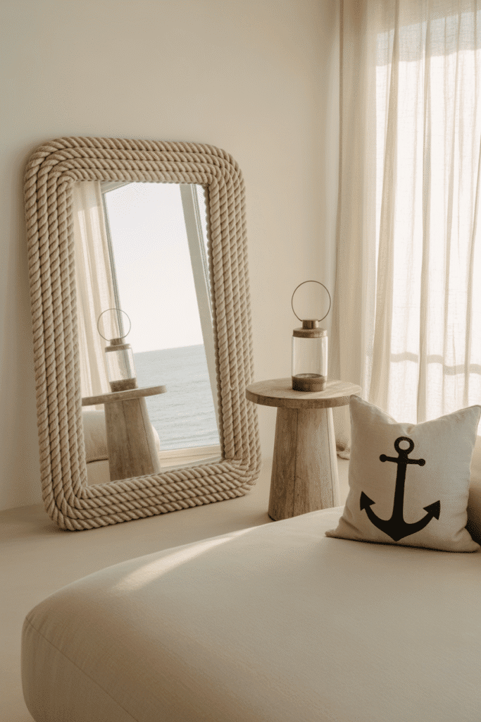 Coastal living room with rope-framed mirror and nautical accents.