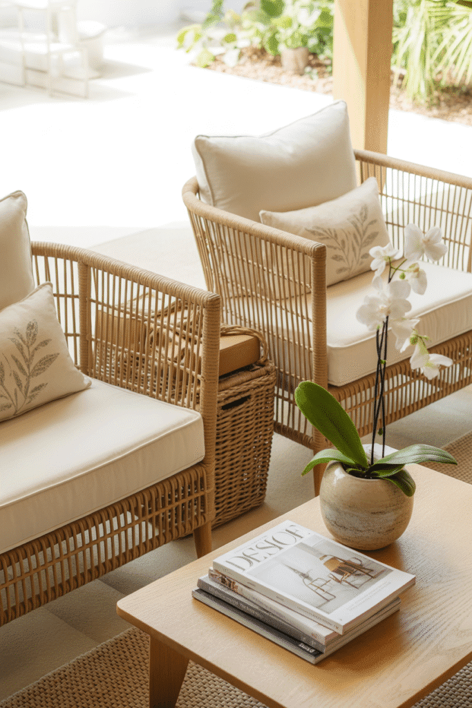 Light rattan chairs and airy coastal furniture.