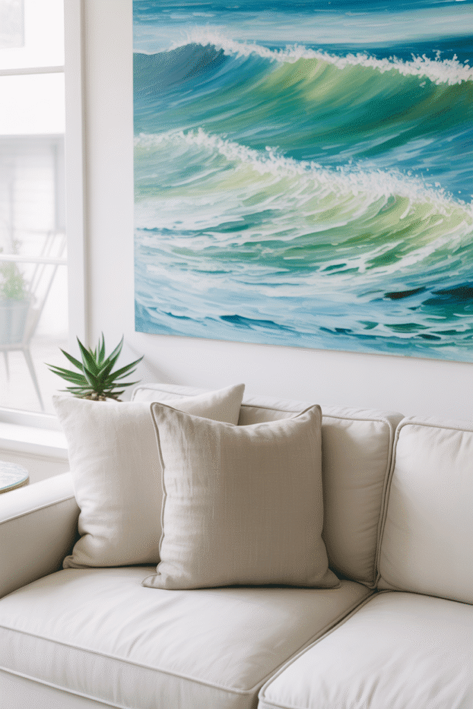 Ocean wave watercolor painting in coastal living room.