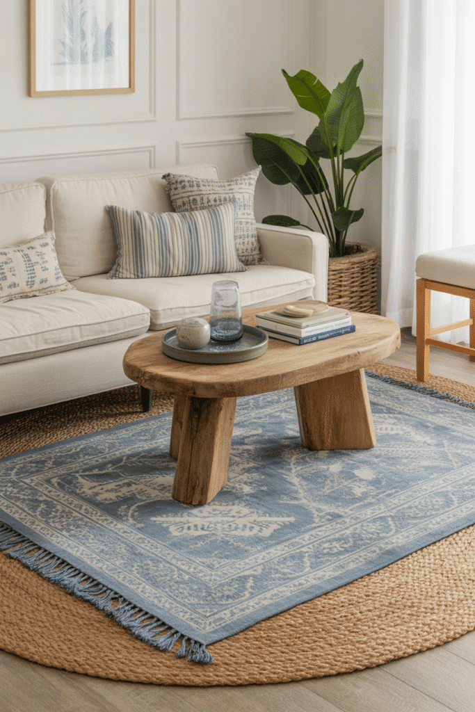 Layered jute and cotton rugs in coastal style room.