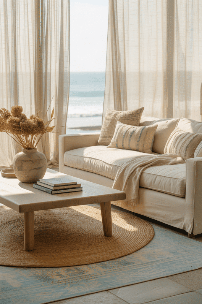 Layered jute and cotton rugs in coastal style room.