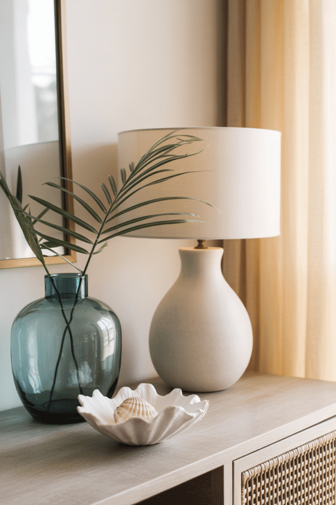 Turquoise glass vase and white ceramic lamp in coastal décor.