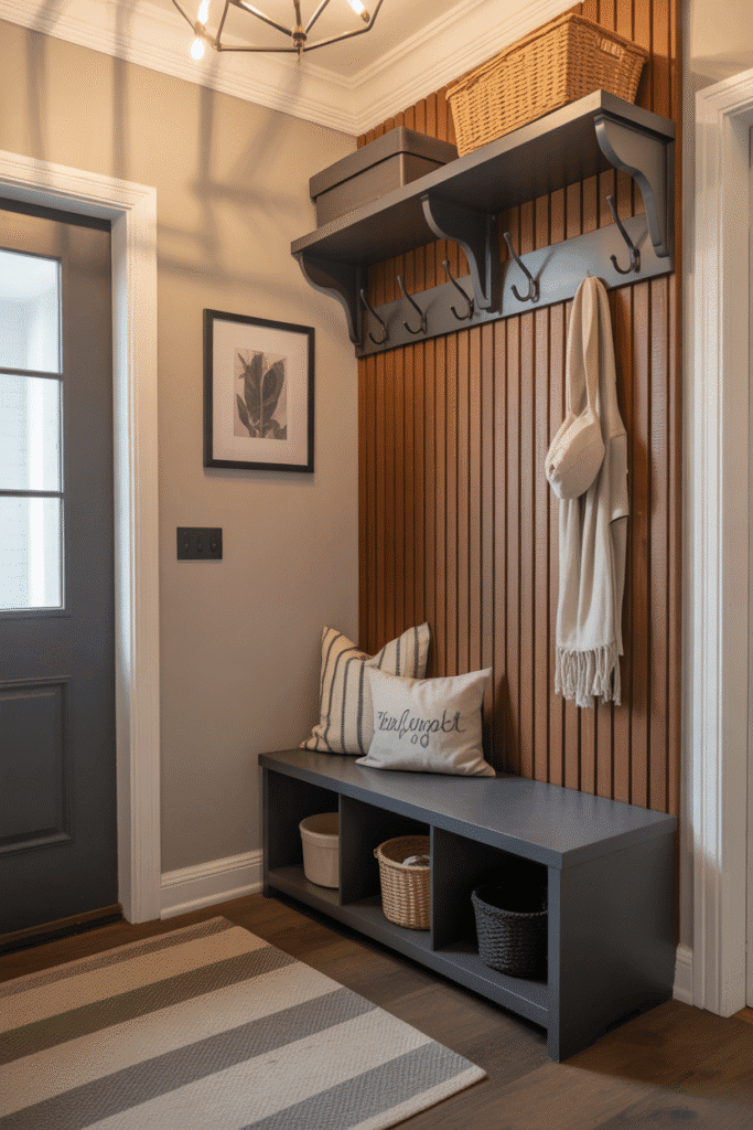 Wood trim wall with hooks makes an organized and stylish entryway feature.

