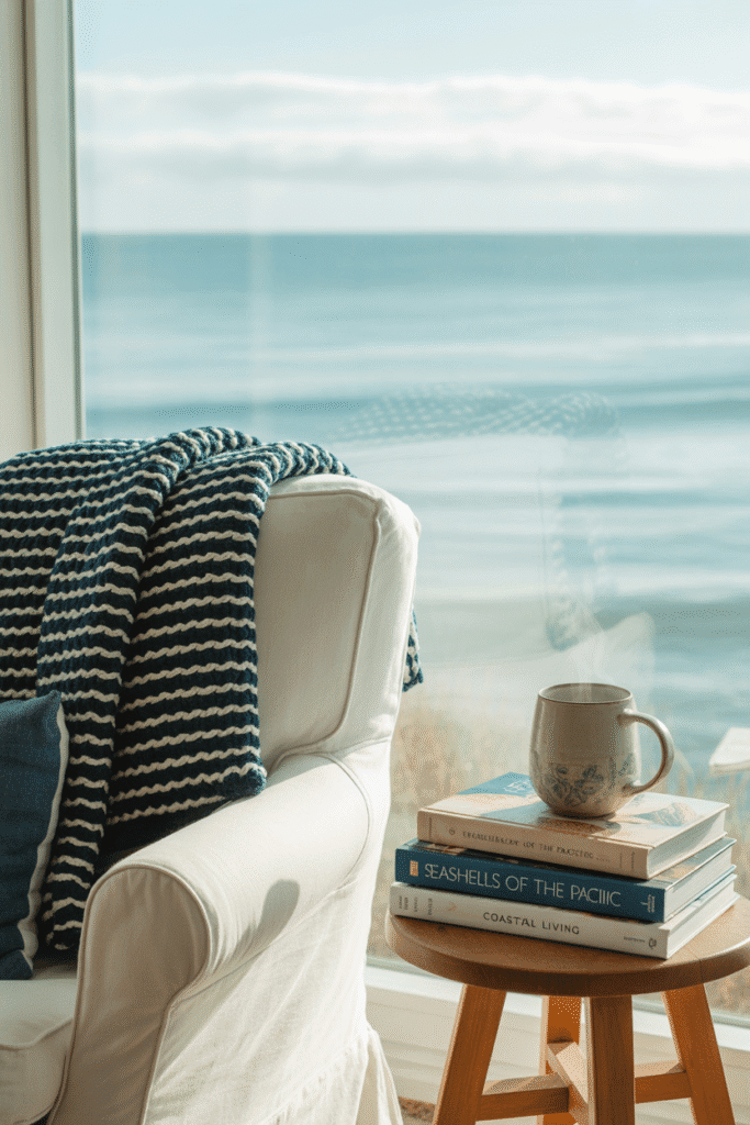 Coastal reading nook with striped throw and ocean view.