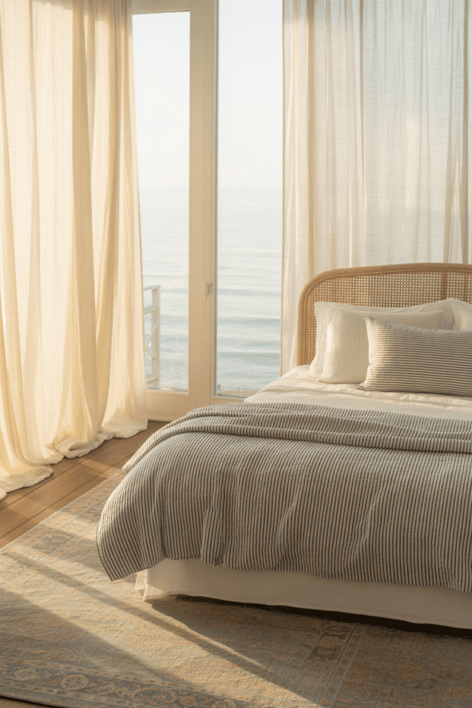 Navy-and-white striped bedding in coastal bedroom.