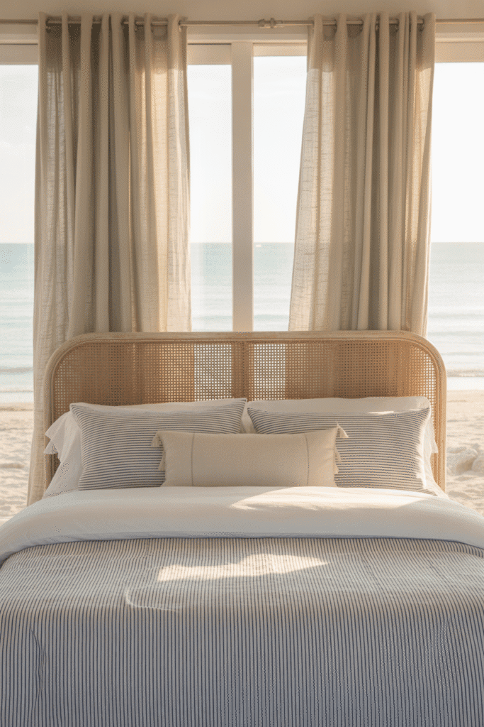 Navy-and-white striped bedding in coastal bedroom.