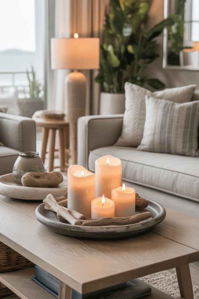 Sea salt and driftwood candles in coastal setting.
