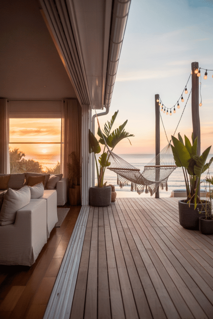 Coastal indoor space opening to deck with hammock.