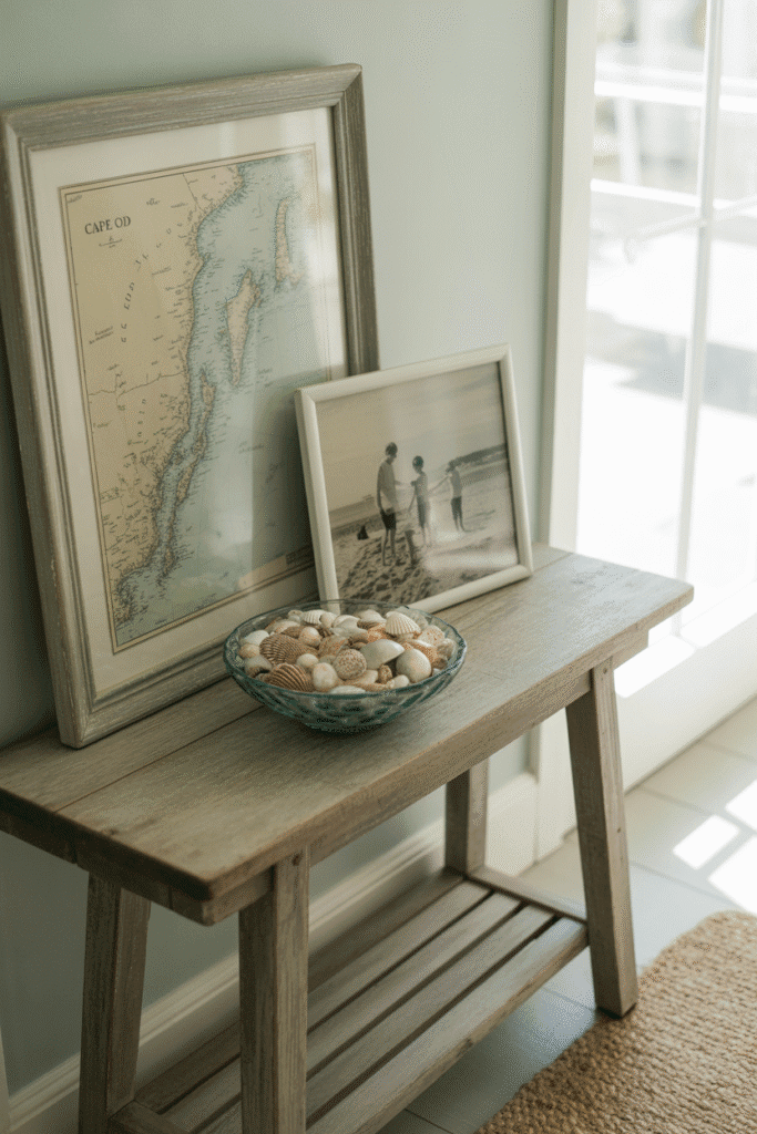 Coastal entryway with framed map and beach travel souvenirs.